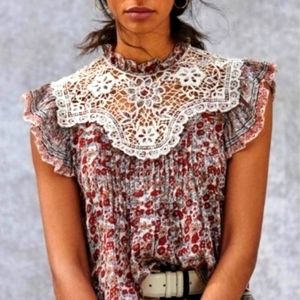 Anthropologie Floral Lace Yoke Sleeveless Blouse in Cream and Rust
